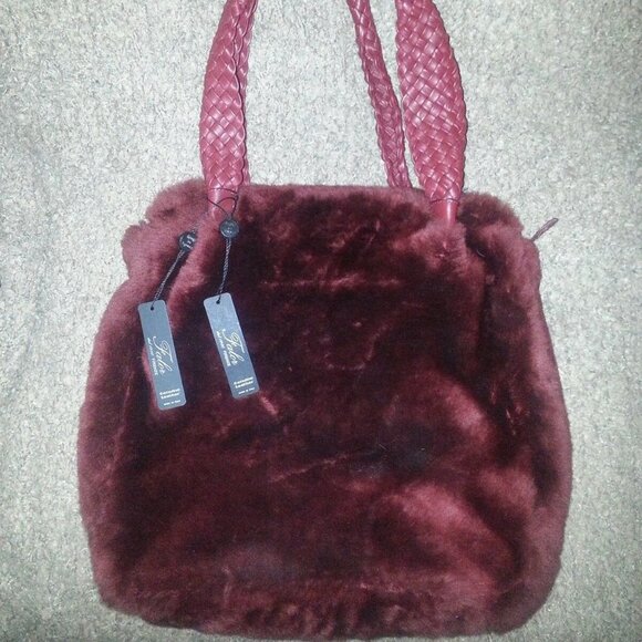 Falor Handbags - Large FALOR-FALORNI Shearling Tote-Genuine Leather With Lamb Fur. Burgundy. NWT